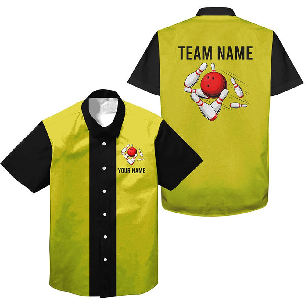 Bowling Hawaiian Shirt, Personalized Yellow Black Retro Bowling Hawaiian Shirts, Custom Bowling Team Shirts