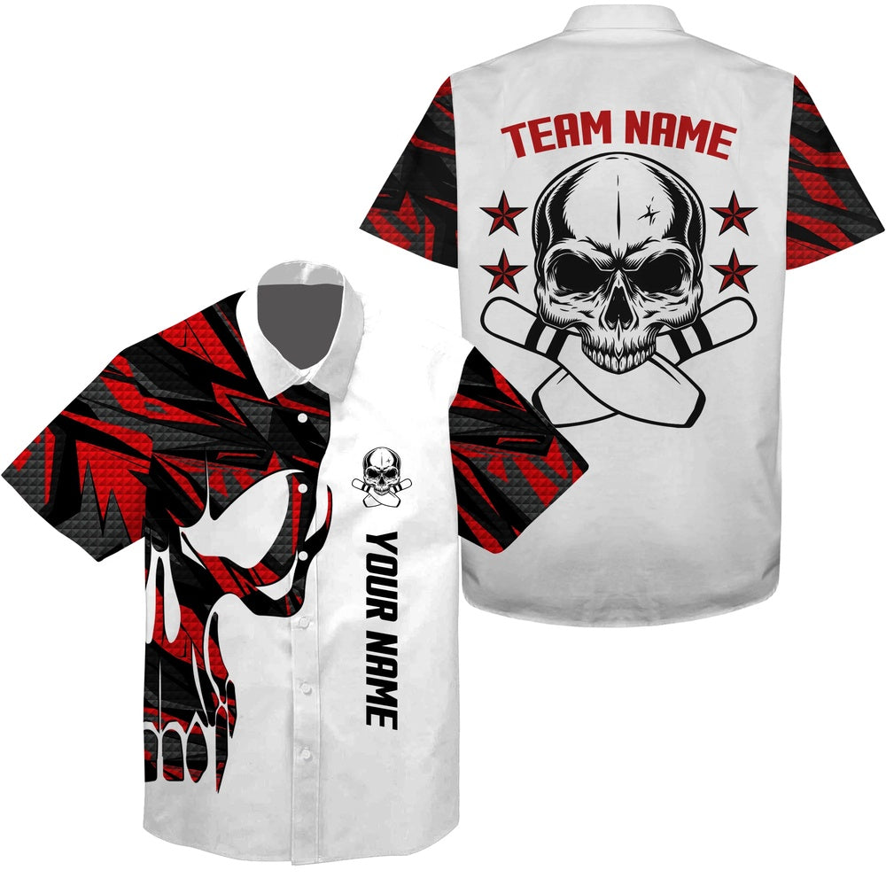 Bowling Hawaiian Shirt, Red And White Bowling Hawaiian Shirt Skull Bowling, Custom Bowling Team Shirts