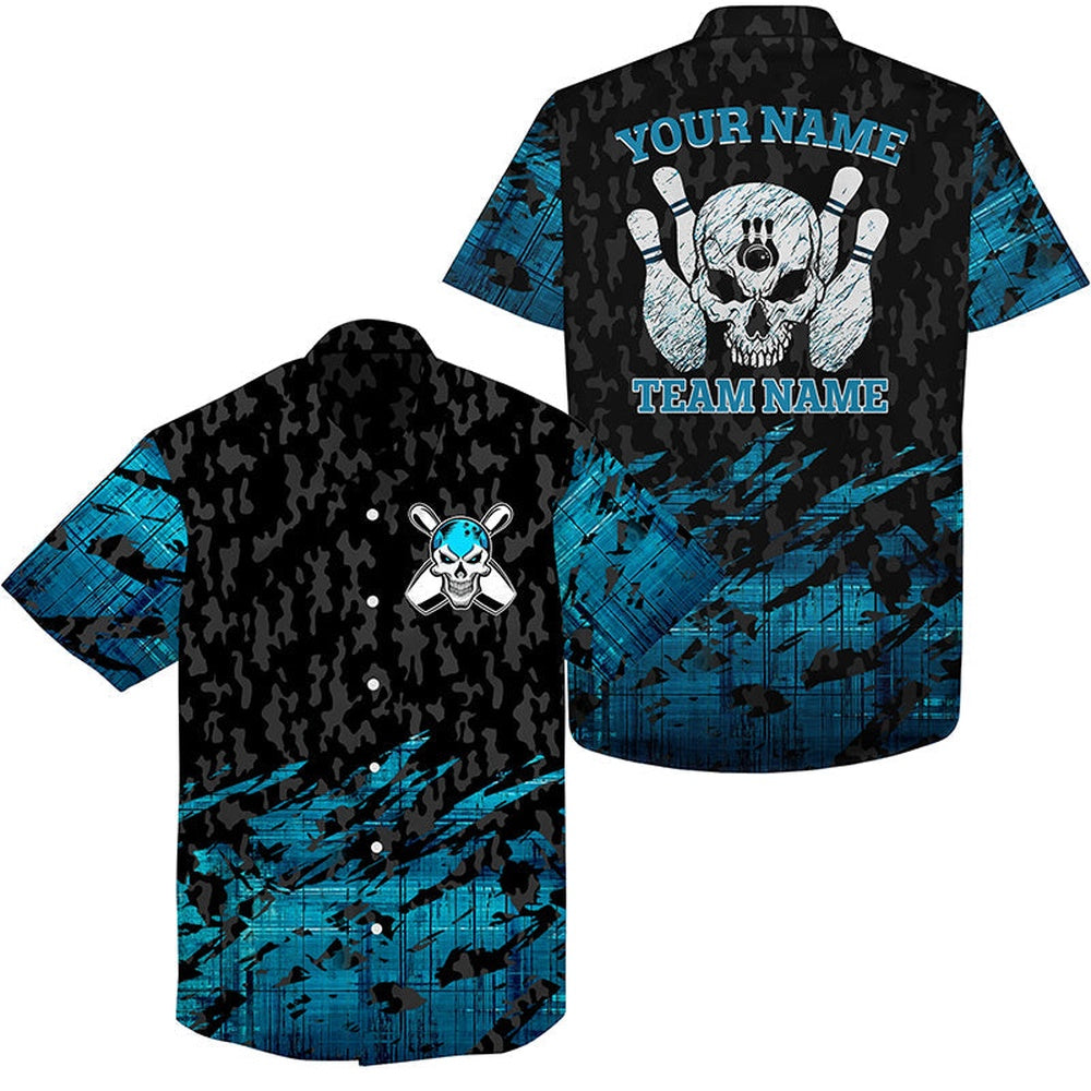 Bowling Hawaiian Shirt, Skull Bowling Hawaiian Shirt Blue Bowling Skeleton, Custom Bowling Team Shirts