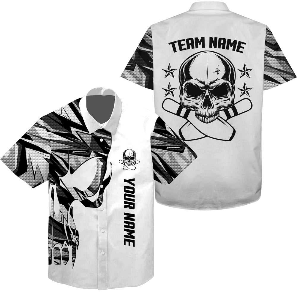 Bowling Hawaiian Shirt, White Camo Bowling Hawaiian Shirt Skull Bowling, Custom Bowling Team Shirts