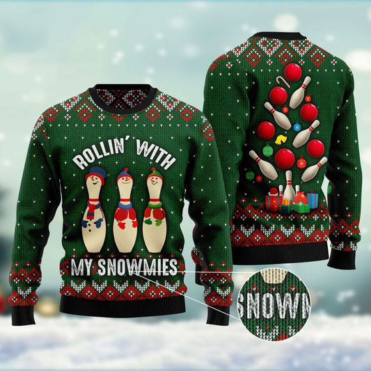 Bowling Rollin With My Snowmies Ugly Christmas Sweater, Funny Xmas Sweater, Sweater Xmas