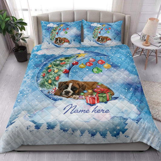 Boxer Quilt Set, Boxer Sleeping On The Moon Snowflakemas Tree Dog Quilt Blanket
