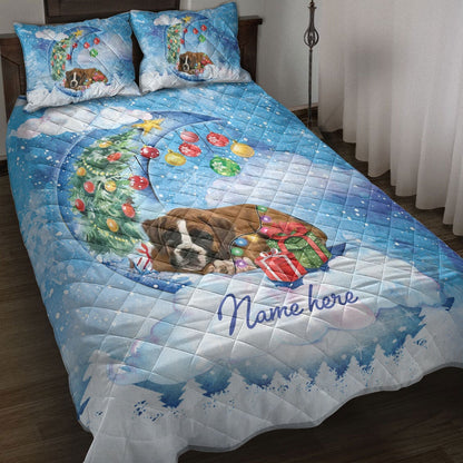 Boxer Quilt Set, Boxer Sleeping On The Moon Snowflakemas Tree Dog Quilt Blanket