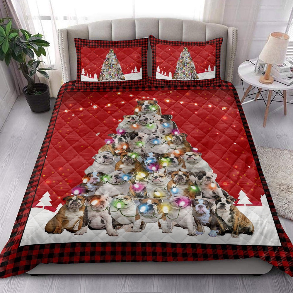 Bulldog Quilt Set, Bulldogmas Noel Xmas Tree Dog Quilt Blanket