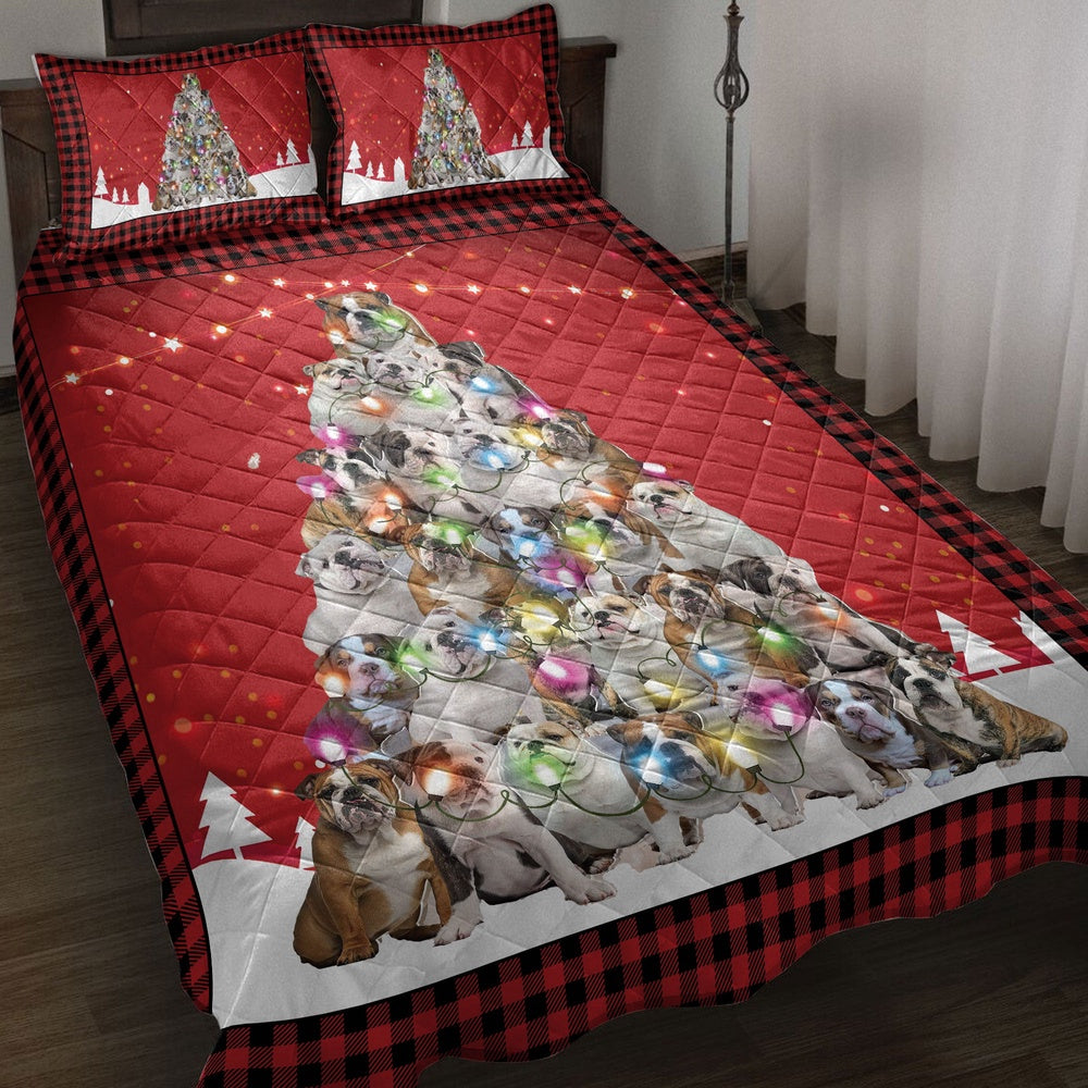 Bulldog Quilt Set, Bulldogmas Noel Xmas Tree Dog Quilt Blanket