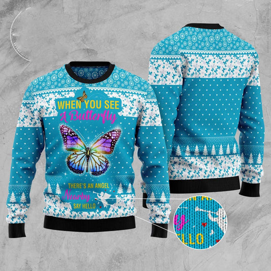 Butterfly Nearby Say Hello Ugly Christmas Sweater, Funny Xmas Sweater, Sweater Xmas