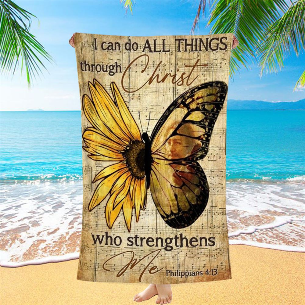 Butterfly Sunflower Pattern I Can Do All Things Through Christ Beach Towel, Christian Beach Towel, Christian Gift, Gift For Women