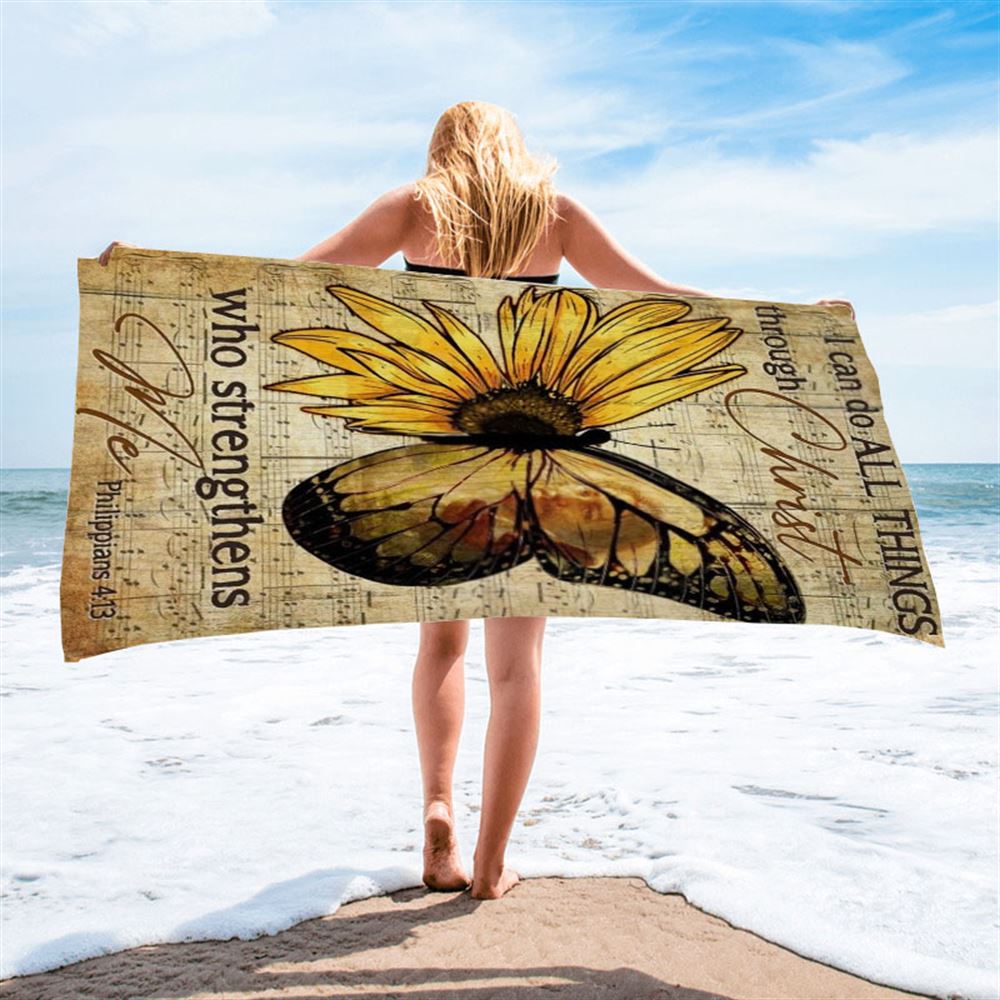 Butterfly Sunflower Pattern I Can Do All Things Through Christ Beach Towel, Christian Beach Towel, Christian Gift, Gift For Women