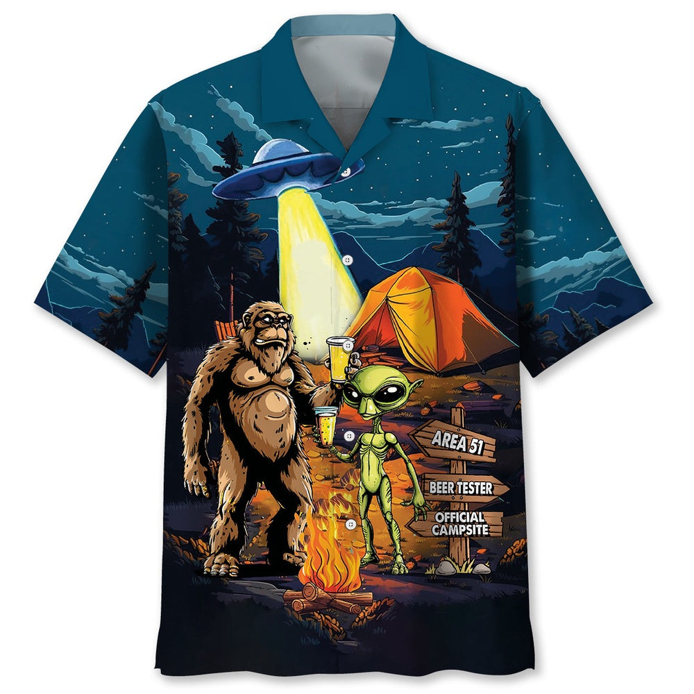 Camping Alien Bigfoot Area 51 Hawaiian Shirt, Funny Hawaiian Shirt, Cool Hawaiian Shirts, Best Hawaiian Shirts