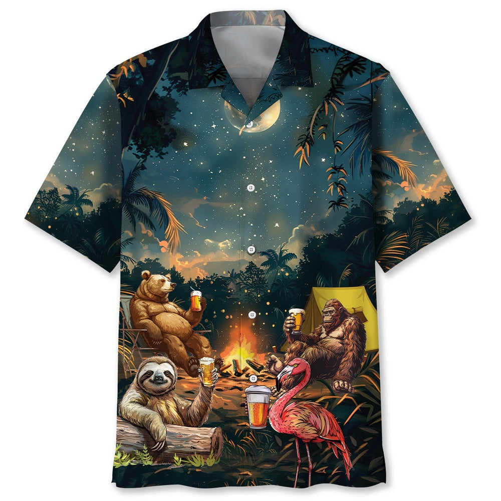 Camping Bigfoot Bear Sloth Flamingo Hawaiian Shirt, Funny Hawaiian Shirt, Cool Hawaiian Shirts, Best Hawaiian Shirts