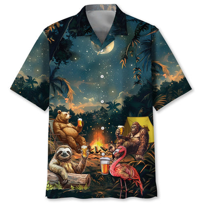 Camping Bigfoot Bear Sloth Flamingo Hawaiian Shirt, Funny Hawaiian Shirt, Cool Hawaiian Shirts, Best Hawaiian Shirts