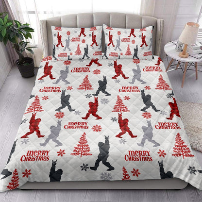 Camping Quilt Set, Bigfoot Camping Withmas Tree Snowflake Red Plaid Quilt Blanket