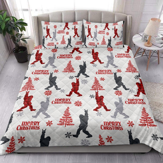 Camping Quilt Set, Bigfoot Camping Withmas Tree Snowflake Red Plaid Quilt Blanket