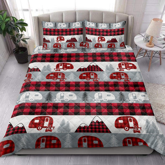 Camping Quilt Set, Christmas Camping Camper Red Buffalo Plaid Winter Holiday Quilt Blanket