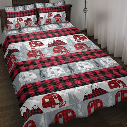 Camping Quilt Set, Christmas Camping Camper Red Buffalo Plaid Winter Holiday Quilt Blanket