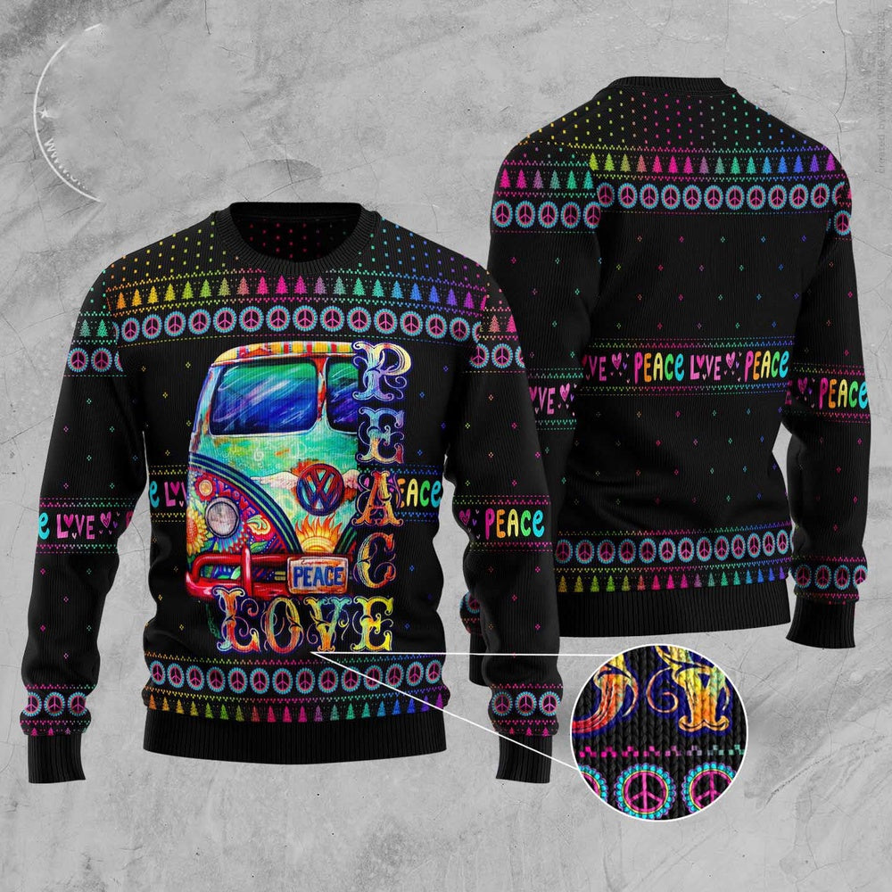 Car Hippie Peace Love Ugly Christmas Sweater, Funny Xmas Sweater, Sweater Xmas