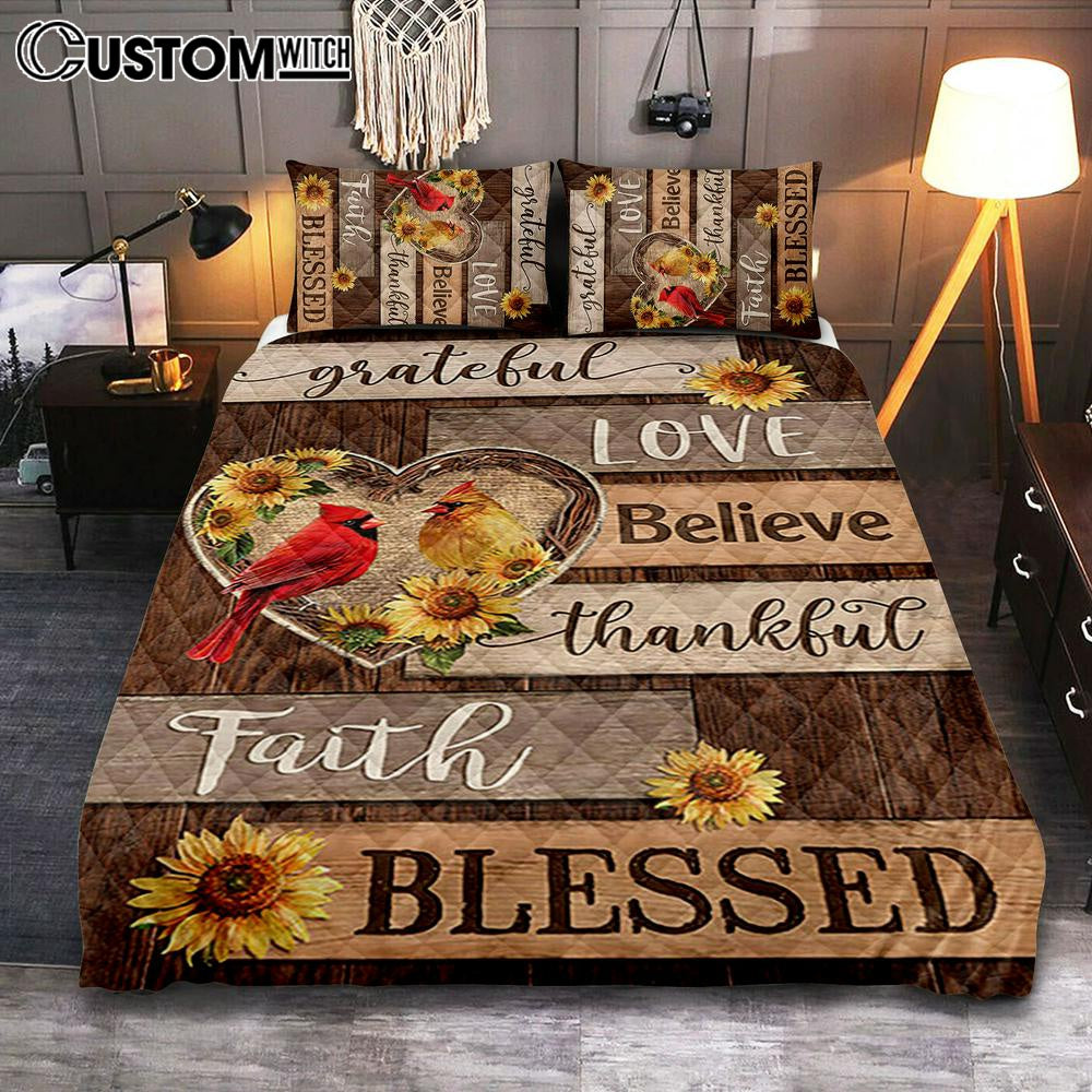 Cardinal Couple Sunflower Grateful Love Believe Quilt Bedding Set Art