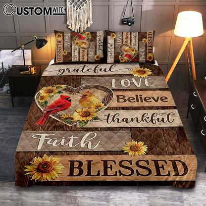 Cardinal Couple Sunflower Grateful Love Believe Quilt Bedding Set Art