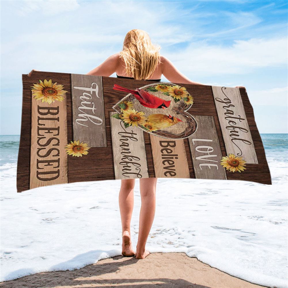 Cardinal Couple Sunflower Grateful Love Believe Beach Towel - Bible Verse Beach Towel - Christian Inspirational Beach Towel