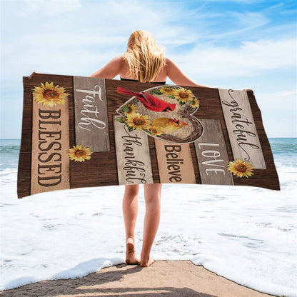 Cardinal Couple Sunflower Grateful Love Believe Beach Towel - Bible Verse Beach Towel - Christian Inspirational Beach Towel