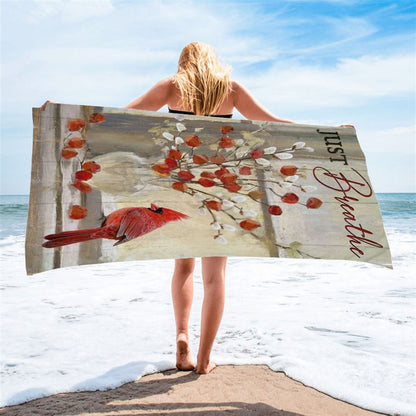 Cardinal, Fuchsia Flower, Willow Flower, Just Breathe Beach Towel, Christian Beach Towel, Christian Gift, Gift For Women