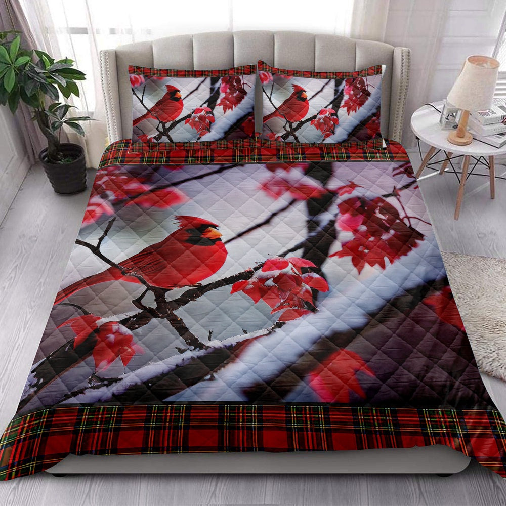 Cardinal Quilt Set, Cardinal Bird Snowflake Red Maple Leaf Buffalo Plaidmas Quilt Blanket