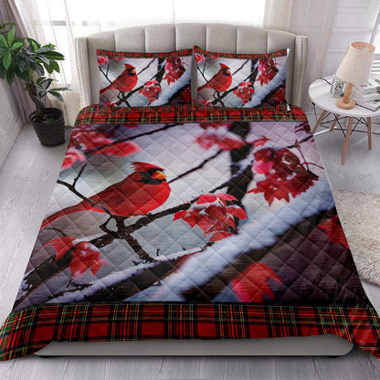 Cardinal Quilt Set, Cardinal Bird Snowflake Red Maple Leaf Buffalo Plaidmas Quilt Blanket