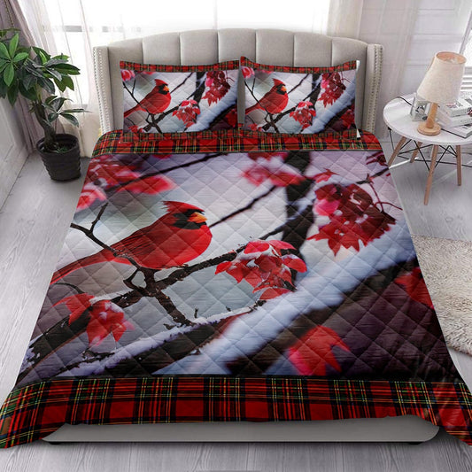 Cardinal Quilt Set, Cardinal Bird Snowflake Red Maple Leaf Buffalo Plaidmas Quilt Blanket