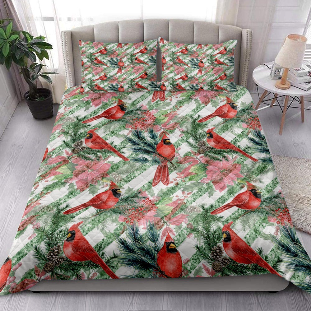Cardinal Quilt Set, Christmas Poinsettia Cardinal Spruce Branches Stripes Winter Holiday Quilt Blanket