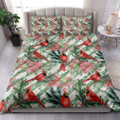 Cardinal Quilt Set, Christmas Poinsettia Cardinal Spruce Branches Stripes Winter Holiday Quilt Blanket