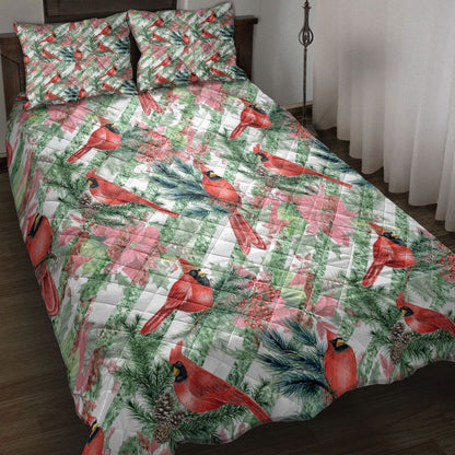 Cardinal Quilt Set, Christmas Poinsettia Cardinal Spruce Branches Stripes Winter Holiday Quilt Blanket