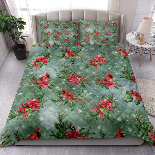Cardinal Quilt Set, Christmas With Poinsettia Cardinal Green Background Winter Holiday Quilt Blanket