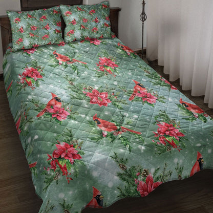 Cardinal Quilt Set, Christmas With Poinsettia Cardinal Green Background Winter Holiday Quilt Blanket