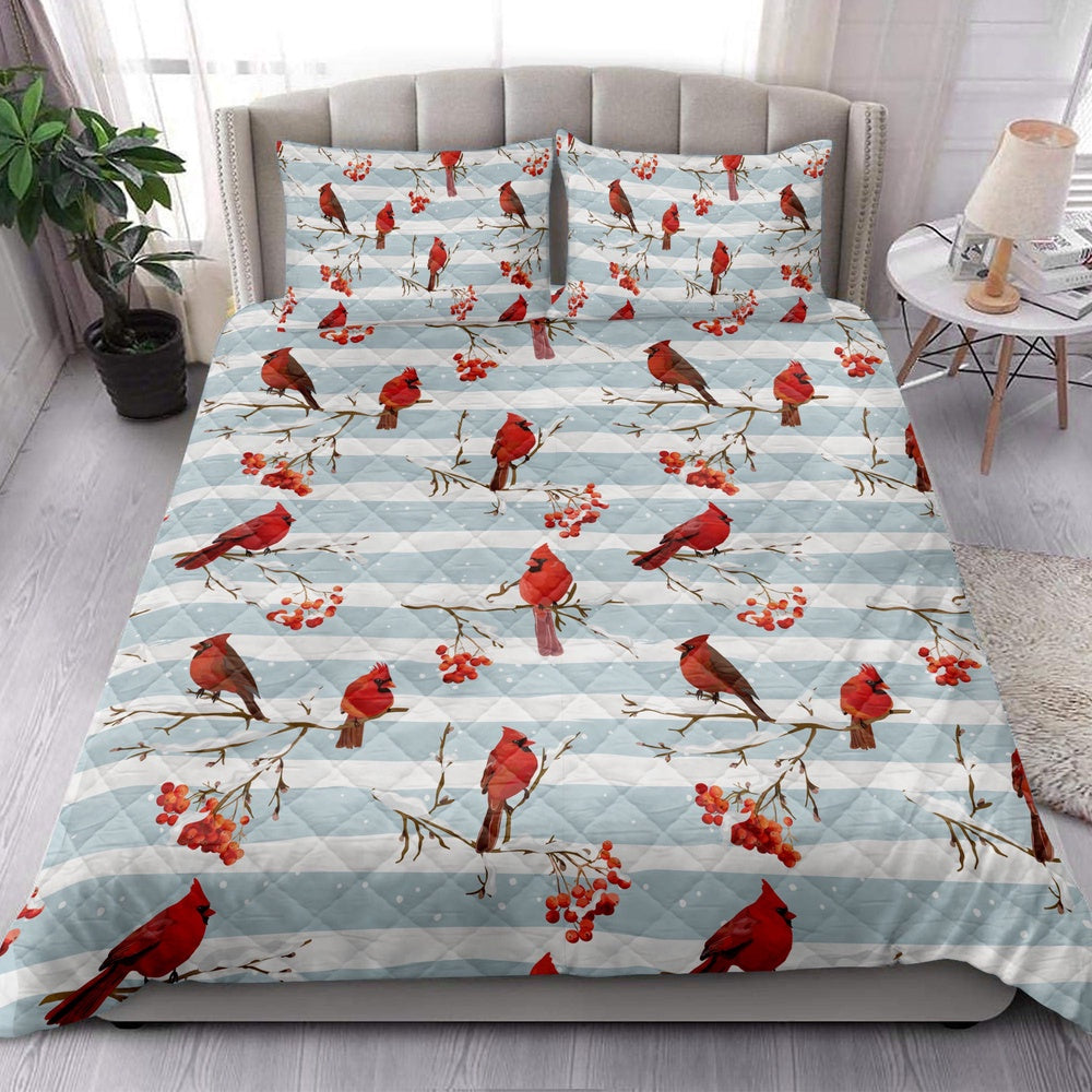 Cardinal Quilt Set, Winter Cardinal Birds Rowan Berries Snowflake Chrismass Quilt Blanket