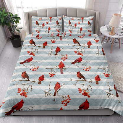 Cardinal Quilt Set, Winter Cardinal Birds Rowan Berries Snowflake Chrismass Quilt Blanket