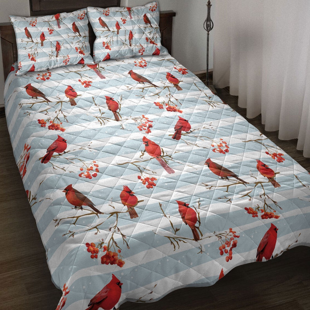 Cardinal Quilt Set, Winter Cardinal Birds Rowan Berries Snowflake Chrismass Quilt Blanket