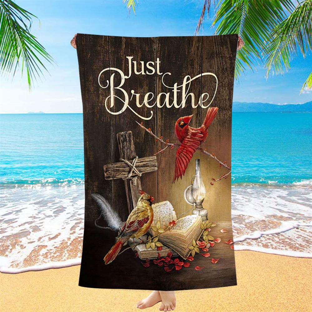 Cardinal Vintage Lantern Bible - Just Breathe Beach Towel - Christian Beach Towel - Bible Verse Beach Towel
