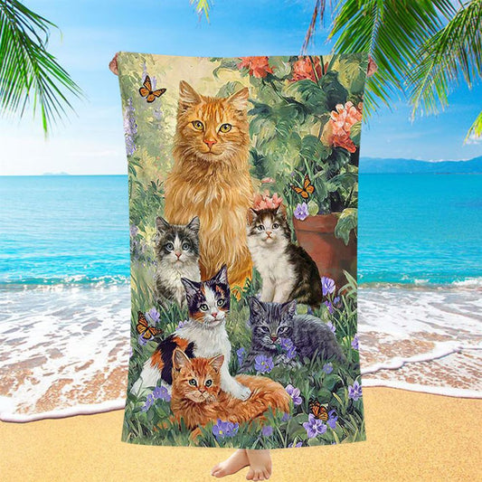Cat Painting Purple Flower Garden Peace Beach Towel - Christian Beach Towel - Bible Verse Beach Towel