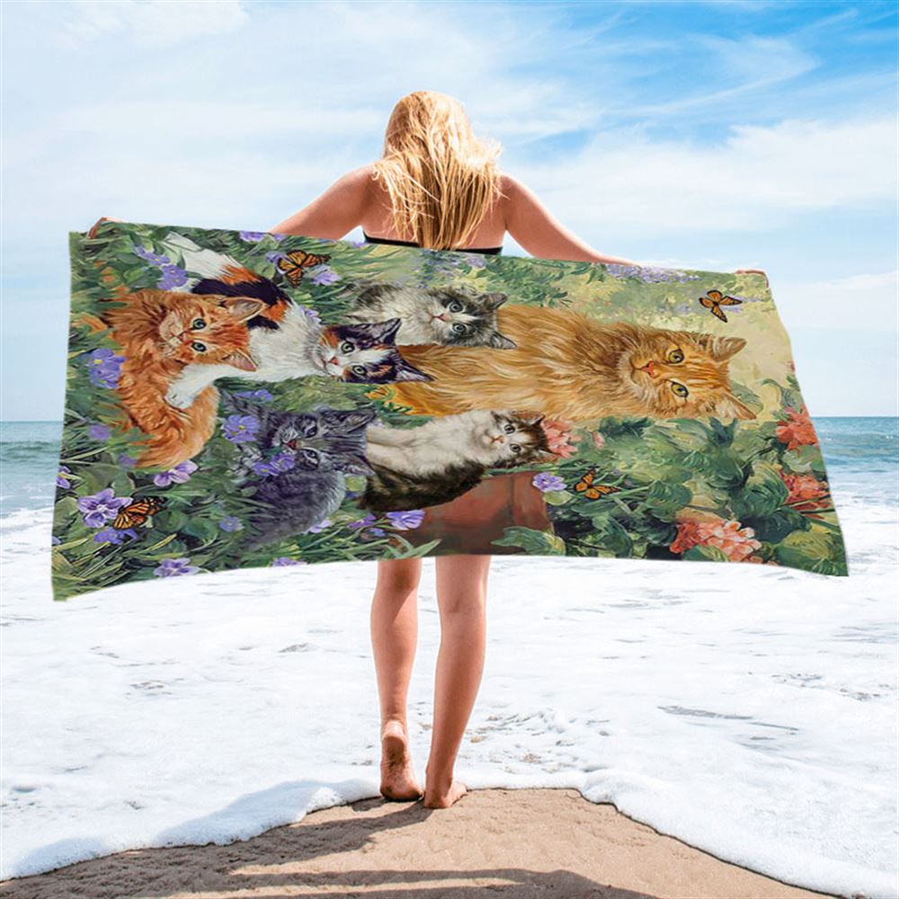 Cat Painting Purple Flower Garden Peace Beach Towel - Christian Beach Towel - Bible Verse Beach Towel
