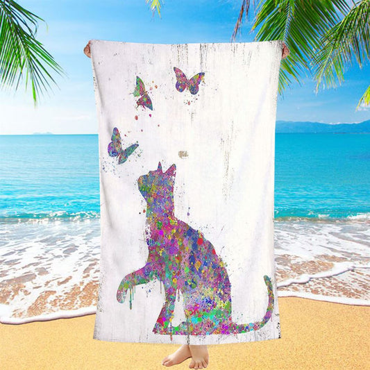 Cat With Butterflies Beach Towel - Decoration For Bedroom, Bathroom, Childrens, Girls, Baby Kids Room Or Nursery