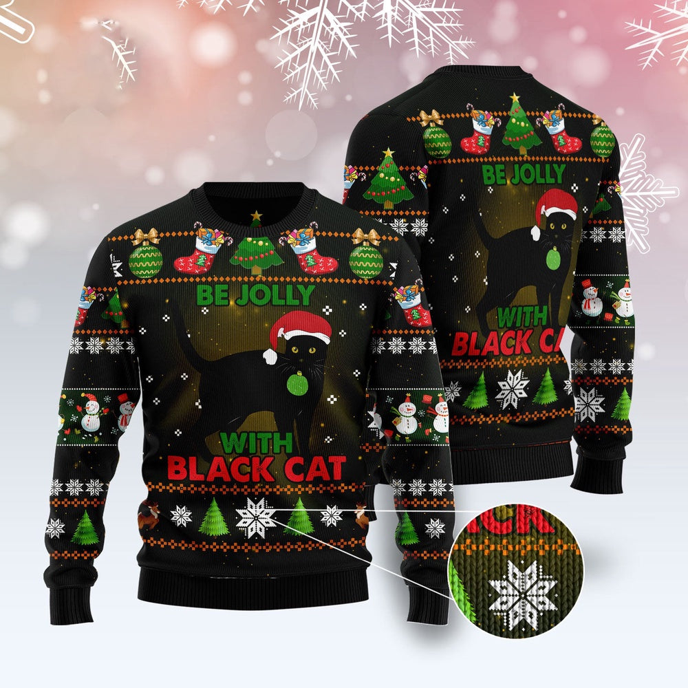 Cat Xmas Sweater, Black Cat Be Jolly Ugly Christmas Sweater, Sweater Xmas