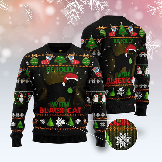 Cat Xmas Sweater, Black Cat Be Jolly Ugly Christmas Sweater, Sweater Xmas
