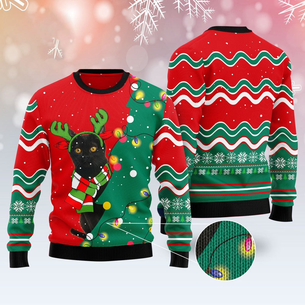 Cat Xmas Sweater, Black Cat Christmas Tree Led Light  Ugly Christmas Sweater, Sweater Xmas
