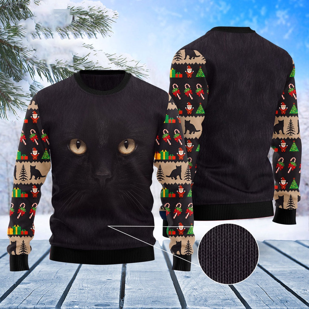 Cat Xmas Sweater, Black Cat Cute Face Ugly Christmas Sweater, Sweater Xmas