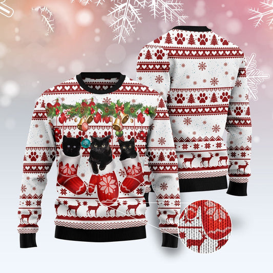 Cat Xmas Sweater, Black Cat Gloves Merry Christmas Ugly Christmas Sweater, Sweater Xmas