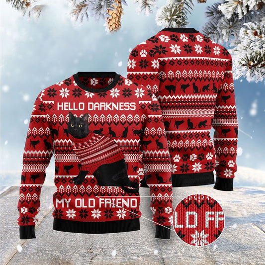 Cat Xmas Sweater, Black Cat Hello Darkness My Old Friend Ugly Christmas Sweater, Sweater Xmas