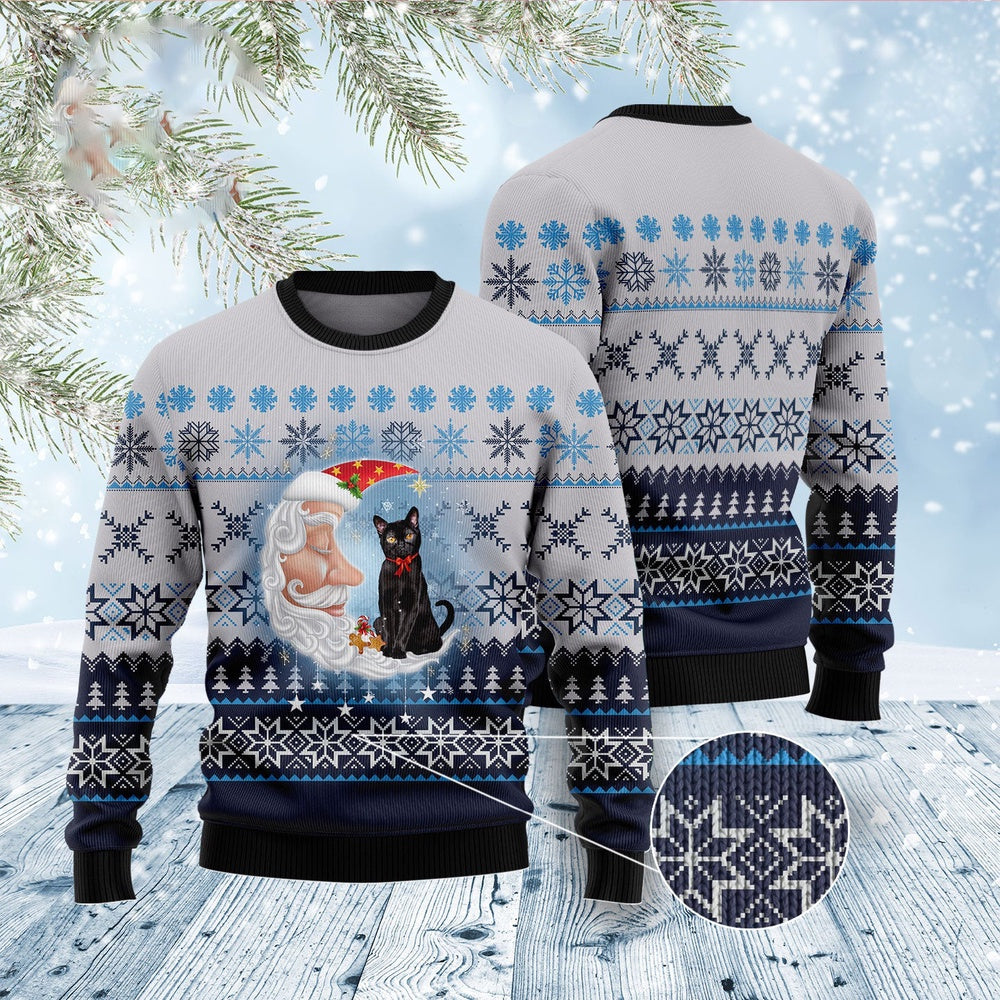 Cat Xmas Sweater, Black Cat Love Santa Moon Ugly Christmas Sweater, Sweater Xmas
