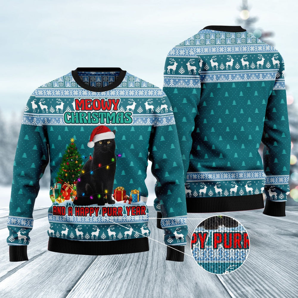 Cat Xmas Sweater, Black Cat Meomy Christmas And A Happy Purr Year Ugly Christmas Sweater, Sweater Xmas