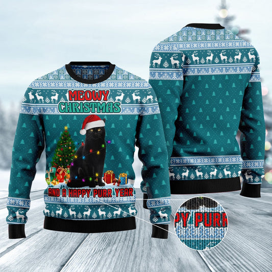 Cat Xmas Sweater, Black Cat Meomy Christmas And A Happy Purr Year Ugly Christmas Sweater, Sweater Xmas