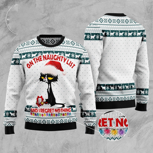 Cat Xmas Sweater, Black Cat Naughty List Ugly Christmas Sweater, Sweater Xmas